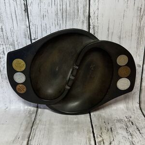 Vintage Coin Brown Wooden Ashtray Silver Gold Copper Coins